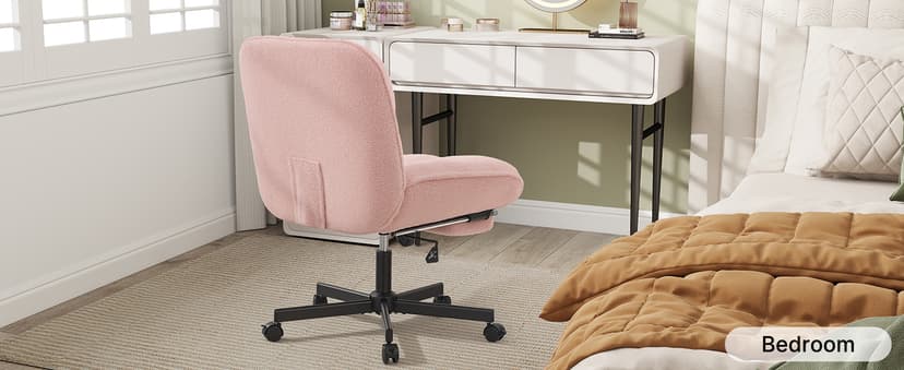 Criss Cross Office Chair with Foot Rest, Thick Cushioned Cross Legged Office Chair, Armless Wide Seat Reclining Desk Chair, Height Adjustable Criss Cross Chair for Home Office,Vanity, Pink