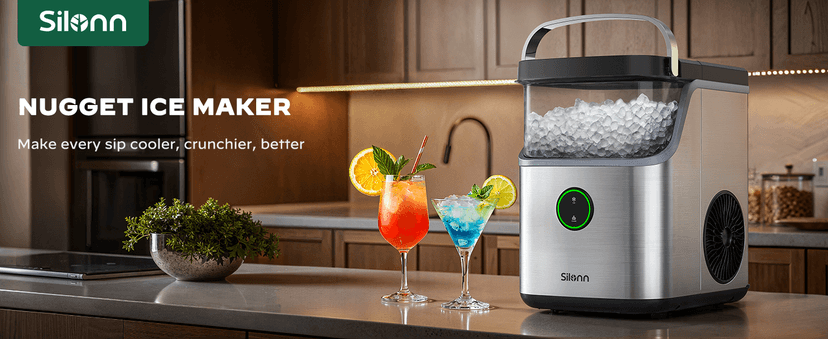 Silonn Nugget Ice Maker Countertop, Ice Basket with Handle, Quiet Operation & Self Cleaning Ice Machine, Chewable Ice, 33 lbs/24H, Portable Pellet Ice Maker with Scoop for Home, Kitchen and Office