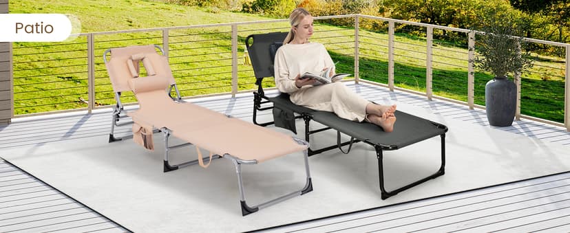 COSTWAY Tanning Chair with Face Hole, Folding Beach Lounge Chair with 4-Position Adjustable Backrest, Pillow & Side Pocket, Foldable Chaise Lounge Chair Outdoor for Sunbathing, Camping (1, Beige)