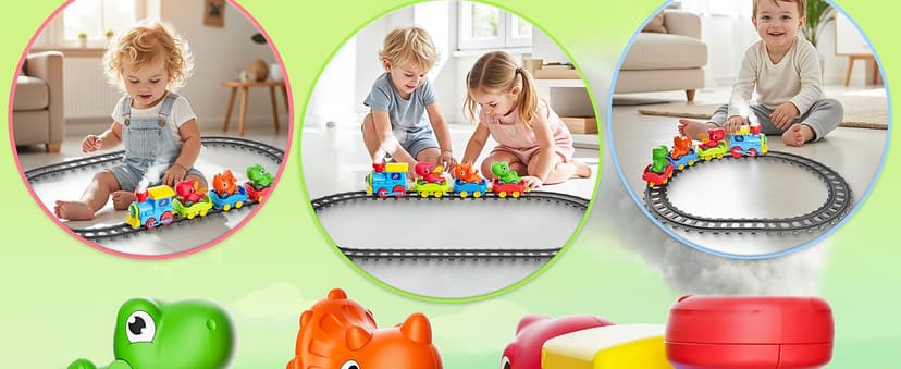 Train Set for Toddlers w/Steam, Music & Lights - Electric Train Toys for Kids w/Tracks Accessories, Including 3 Dinosaur Car and 3 Trailer; Gifts for 1-3 4 5 6+ Years Old Boys Girls