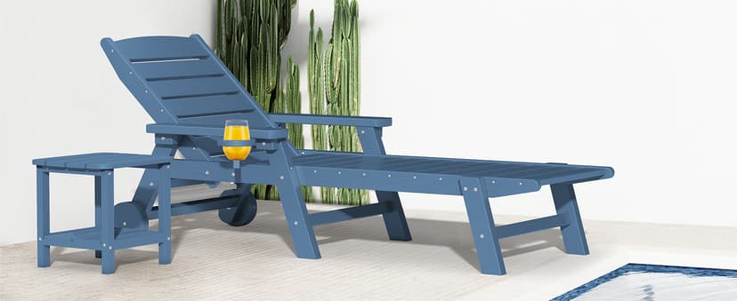 SERWALL Patio Chaise Lounge Chair Set of 2, 78'' Long 5-Positions Adjustable HDPE Outdoor Lounger for Pool, Poly Lounge Chair with Rolling Wheels & Cup Holder for Poolside, Deck, Blue