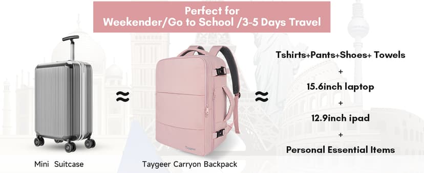 Taygeer Travel Backpack for Women, Carry On Backpack with USB Charging Port & Shoe Pouch, TSA 15.6inch Laptop Mochila Flight Approved, Nurse Bag Casual Daypack for Weekender Business Hiking, Pink