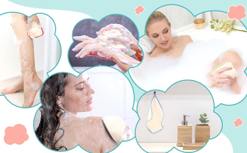 Tatuo 5 Pcs Exfoliating Face and Body Wash Cloths Towel Weave Bath Exfoliating Scrub Massage Bath Cloth for Women and Men, 10.63 x 9.05 Inch (White, Pink, Blue, Gray, Black Edge)