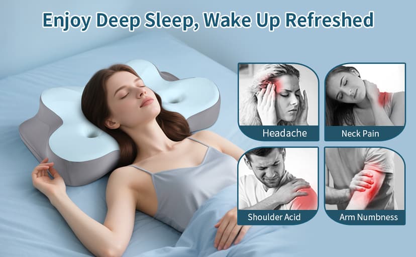 Cerrvical Neck Pillow- Ergonomic Memory Foam Pillows for Sleeping, Dual Ear Relief Zone Contour Pillow, Neck Support Pillows for Side Back &Stomach Sleeper (Blue)