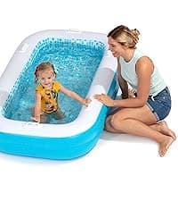 2-in-1 Inflatable Kiddie Pool, 65"x39"x10" (5'5") Soft Cushioned Floor, Handles, Drain, Shallow Rectangular Blowup Swimming Pool for Kids Age 2+ Toddler Ball Pit, Small Adult Backyard Tanning Pool