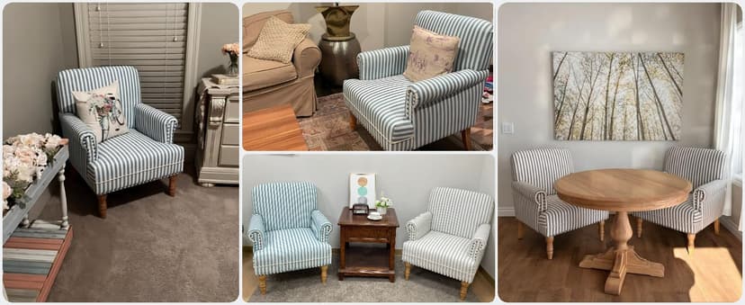 HUIMO Linen Fabric Accent Chair, Mid-Century Modern Armchair with Solid Wood Legs, Single Sofa Chair,Upholstered Reading Club Chair (1, Dark Blue and White Stripe)