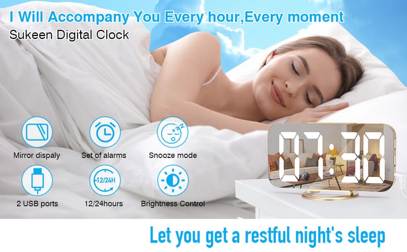 Sukeen Digital Alarm Clock,6" Large LED Display with Dual USB Charger Ports | Auto Dimmer Mode | Easy Snooze Function, Modern Mirror Desk Wall Clock for Bedroom Home Office for All People (Gold)
