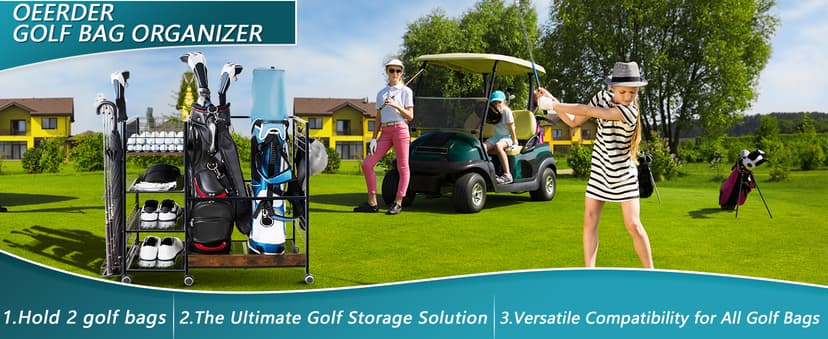Golf Bag Organizer for Garage, Golf Accessories for Men Women, Golf Bag Stand, Golf Storage Organizer with 2 Hooks, Storage Rack for 2 Golf Bags, Sports Equipment Organize, Golf Club Holder