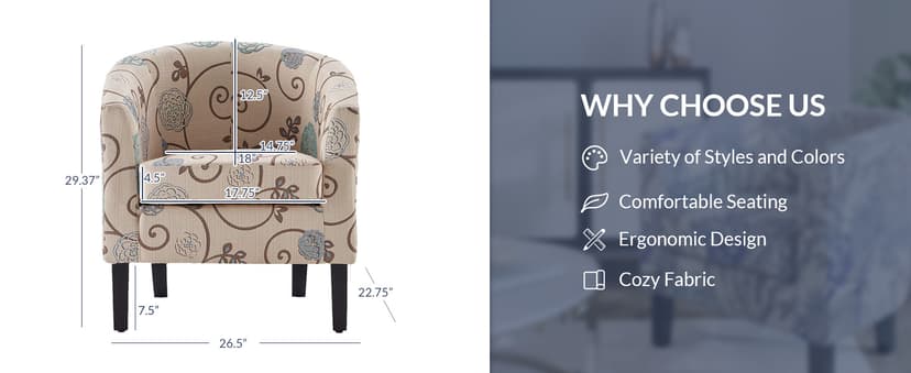 BELLEZE Living Room Chair, Linen Round Accent Barrel Chair, Club Tub Sofa Chair for Bedroom, Corner Chair with Flared Legs and Cozy Soft Padding - Highland (Floral Print)