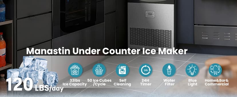 Manastin Commercial Ice Maker, 120lbs/24H Large Ice Machine, 33lbs Storage Capacity, 50 Ice Cubes/15 Mins, Under Counter Ice Maker with Water Filter, Self-Cleaning, Timer, for Home & Bar