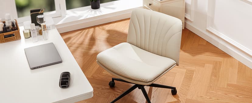 Marsail Criss Cross Office Chair with Wheels, Armless Wide Desk Chair for Active Sitting, PU Leather Cross Legged Chair for Home Office, Pet-Friendly & Easy Clean, Beige