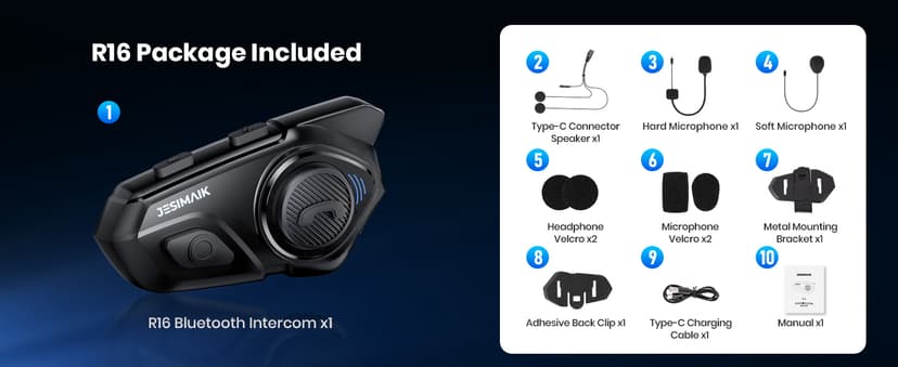 JESIMAIK Motorcycle Helmet Bluetooth Headset, 10 Way 2KM Helmet Communication System, Multitasking Audio Motorcycle Intercom, 2 Mics&40mm Speaker (1 Pack)