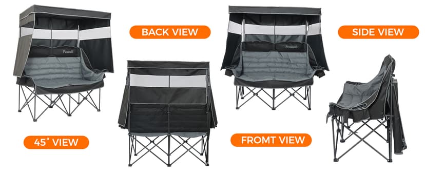 Double Camping Chair with Canopy Heavy Duty 2 Person Folding Loveseat Beach Chair with Shade High Back Oversized Outdoor Camping Couch with Cup Holders & Wine Racks for Lawn, Fishing, Sports