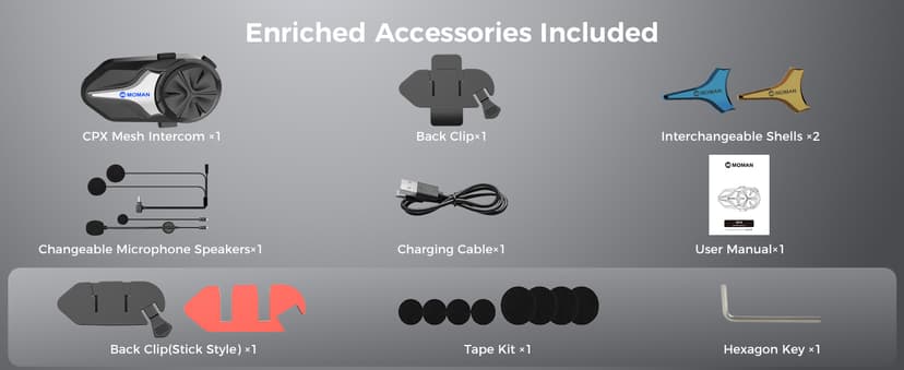 Moman Motorcycle Intercom, Group Intercom Communication Systems, FM, Hi-Fi Stereo, CVC Noise Cancellation, Waterproof BT5.1 Helmet Speaker Headset, 24 Riders Mesh Communicate(CPX 1 Pack)