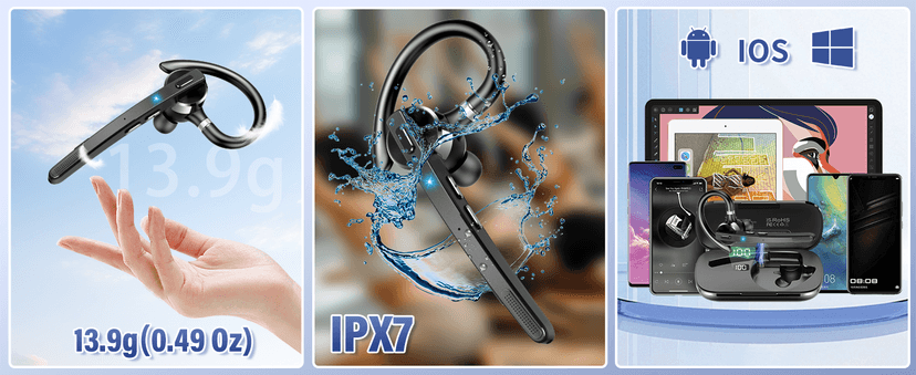 Thunelec Bluetooth Headset, Wireless Bluetooth 5.3 Earpiece, 90Hrs Hands Free Headset with APTX HD Audio & Mute Button, Dual Noise Cancelling Mics, Single-Ear Headphone for Trucker/Business/Office/Gym