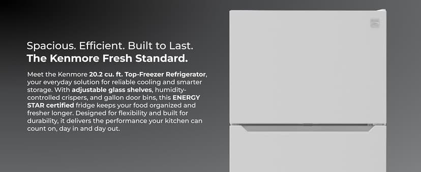 Kenmore 30" Top Mount Refrigerator with Freezer - Adjustable Shelving, Humidity-Controlled Crispers, LED Lighting, ENERGY STAR Certified, Garage Ready, 20.2 cu. ft. Capacity - White