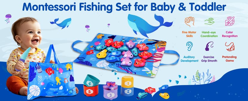Montessori Toys for 1 Year Old - Cloth Fishing Game Toddler Toys Age 1-2 with Stacking Cups - Sorting Learning Baby Toy 12-18 Months - One Year Old Boy Girl First Birthday Gifts for 1 2 3 Year Old
