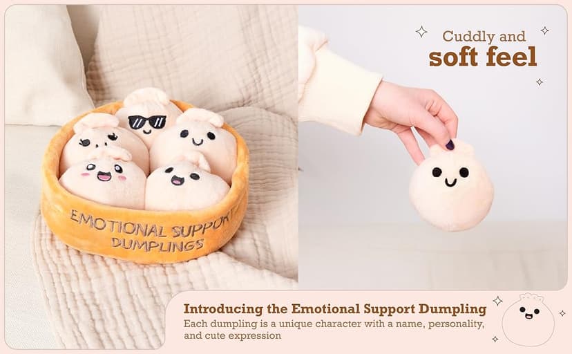 Squishy Toys and Plushies, Gift Ideas for Loved Ones of All Ages, Includes 5 Plushies with Carrying Basket Emotional Support Dumplings, Cuddly Stuffed Animals by Relatable B0CFBCJL3K