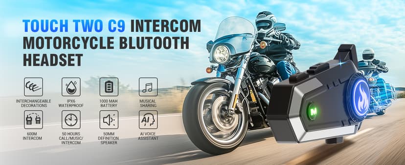C9 Motorcycle Helmet Bluetooth Headset, V5.4 Helmet Speakers with 2 Type Mics, 2-Way Intercom/Music Sharing/IPX6 Waterproof/Intelligent Noise for Ski/Dirtbike/Snowmobile, Helmet Accessories