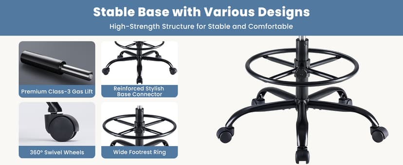 DUMOS Armless Drafting Chair, Low Back Office Seat with Adjustable Footrest Ring for Standing Desk, Ergonomic PU Leather Office Seating, Swivel Rolling High Stool for Studio, Lab, Counter, Black