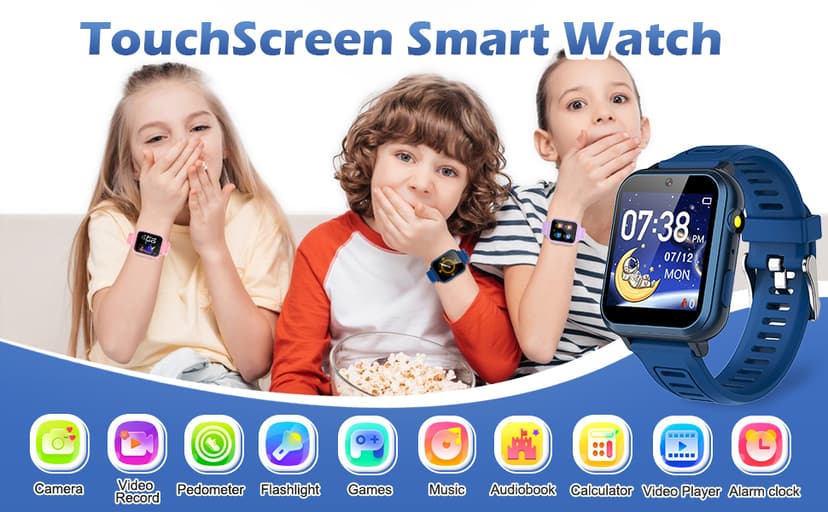 Kids Smart Game Watch with 24 Games HD Touch Screen Video Camera Music Player Pedometer Flashlight Alarm Clock 12/24 hr, Gifts for 5-12 Year Olds Boys