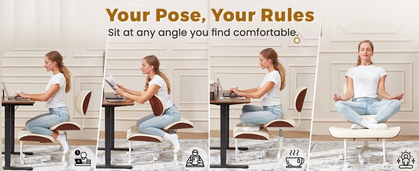 EROMMY ADHD Chair with Wheels Retractable footrest, Wide and Thickened Criss Cross Chair, Ergonomic Cross Legged Kneeling Desk Chairs for Meditation Yoga, Beige & Brown