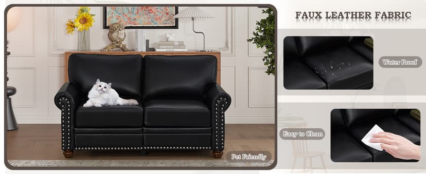2 Piece Faux Leather Sofa Set,Modern Couch and Loveseat Sets with Storage,Mid Century Couch with Rivet Rolled Arm,Comfy Deep Seat Sofa,Furniture for Living Room,Office(Loveseat+3 Seater,Black)