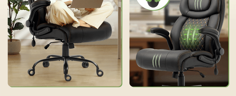 Office Chair, Big and Tall Executive Chairs with Lumbar Support for Back Pain, Breathable Desk Computer Chair with Adjustable Flip-up Armrests, Wide Cushion Swivel Home Office Chair Black PU