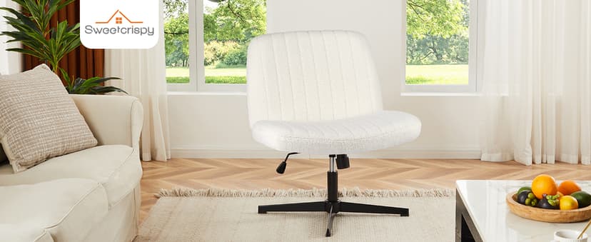 Sweetcrispy Criss Cross Chair Legged, Furry Armless Office Swivel Desk Chairs No Wheels, Vanity Height Adjustable Wide Seat Comfy Cute Computer Task Chair for Home Bedroom, Teddy Beige