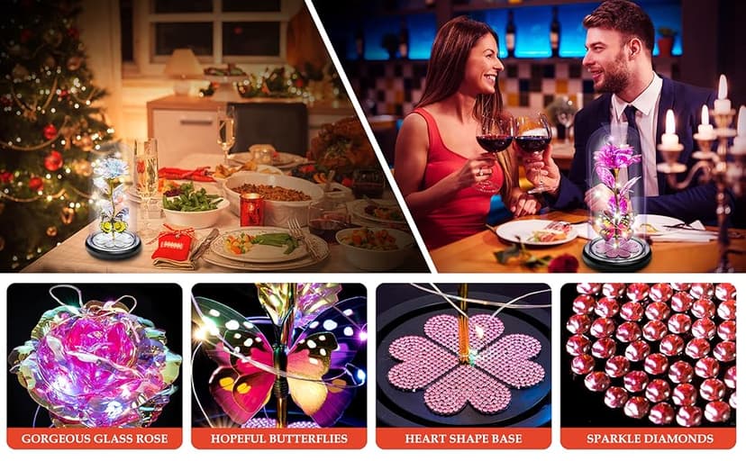 Birthday Gifts for Women Mom, Galaxy Glass Rose Forever Eternal Crystal Flower Light Up Rose in Glass Dome with Butterfly Mothers Day Christmas Rose Gifts for Her Wife Daughter Friends Colorful