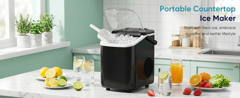 DUMOS Ice Maker Countertop, Ice Machine with Portable Handle, Basket and Scoop, 26lbs Daily, 9 Bullet Cubes in 6~8 Mins, Auto-Cleaning for Home, Kitchen, Office, Outdoors, RV Camping