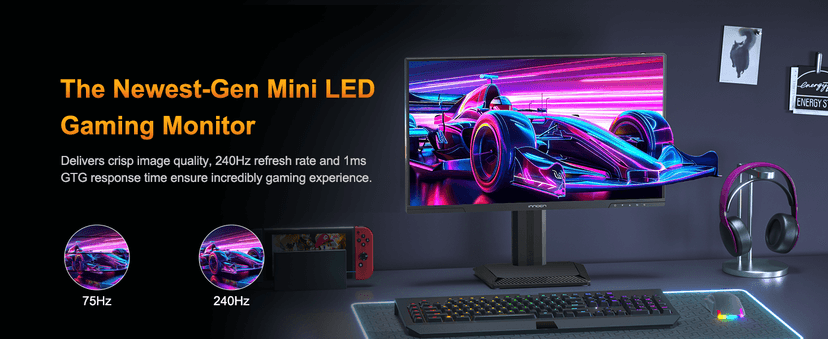 INNOCN 24.5" 2K QHD 2560 x 1440P 240Hz Monitor, Gaming Console Ready, Mini-LED Precisely Local Dimming, Monitor for Mac, HDMI 2.1, DP 1.4, Height Pivot Adjustable Stand, Black - 25M2S