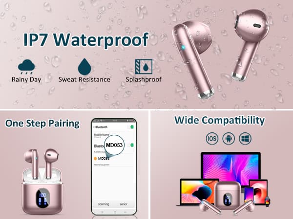 Wireless Earbuds, in Ear Headphones with 4 ENC Mics, Bluetooth 5.4 Ear Buds Hi-Fi Stereo, 36H Playtime Earphones with USB-C Charging Case, 3g Lightweight, IP7 Waterproof Headset for Work/Running