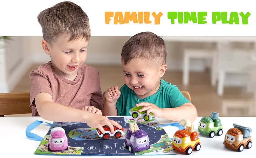 Mini Car Toys for 1 Year Old Boy Gifts, 12 Sets Pull-Back Trucks with Playmat/Storage Box for Toddlers Age 1-2, Baby Toys 12-18 Months, 1st Christmas Birthday Gifts for One Year Olds