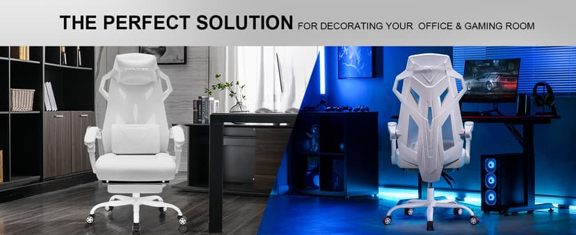 GTPLAYER Gaming Chair, Computer Chair with Mesh Back, Ergonomic Game Chair with Footrest, Reclining Game Chair with Adjustable Headrest and Lumbar Support for Gaming and Office (White)