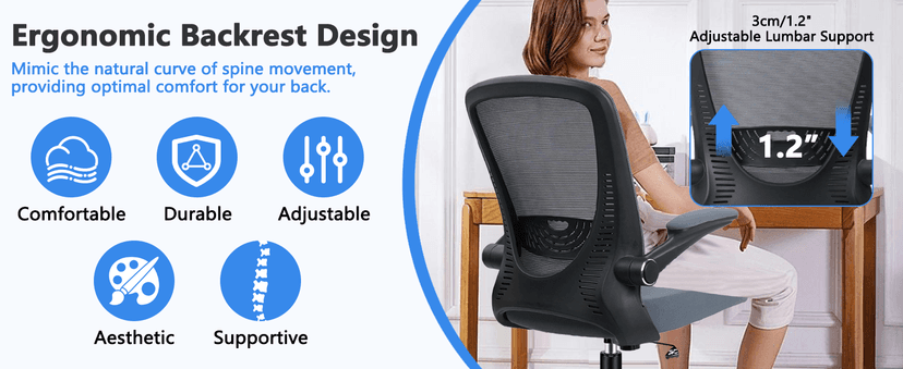CLATINA Desk Chairs with Wheels, Flip Up Arms Ergonomic Mesh Back Office Chair with Lumbar Support, Adjustable Height Swivel Rolling Computer Task Chairs for School Conference Room Home Study, Grey