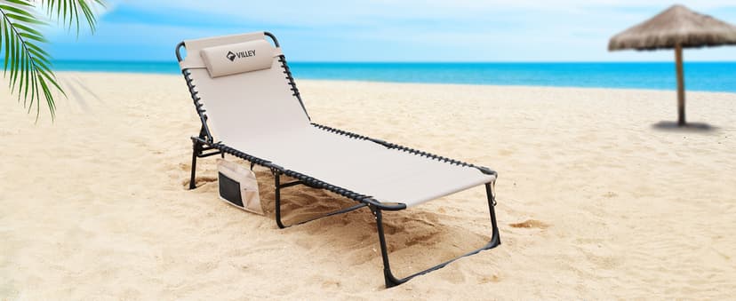 VILLEY Oversized Chaise Lounge Chair, Heavy-Duty Folding Outdoor Lounge Chair with 5 Adjustable Positions, Portable Trifold Beach Lounger for Patio, Beach, Lawn, Backyard, Camping – Beige
