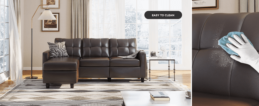 HONBAY Faux Leather Sectional Sofa, Convertible Sectional Couch L Shaped Couch Sofa for Small Space, Brown