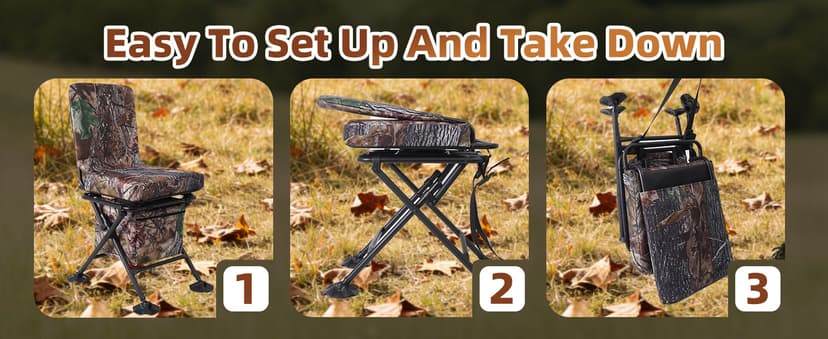 FUNHORUN Hunting Chair with Storage Bag, 360 Degree Silent Swivel Hunting Seat, Camouflage Foldable Ground Blind Chair, Tool-Free Padded Cushion Portable Seat, Lightweight