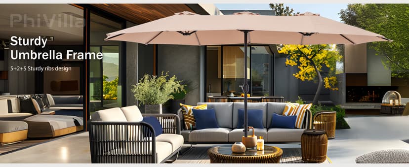 PHI VILLA 15ft Large Patio Umbrellas with Base Included, Outdoor Double-Sided Rectangle Big Market Umbrella with Stand, Outside Umbrellas for Poolside Lawn Backyard, Beige