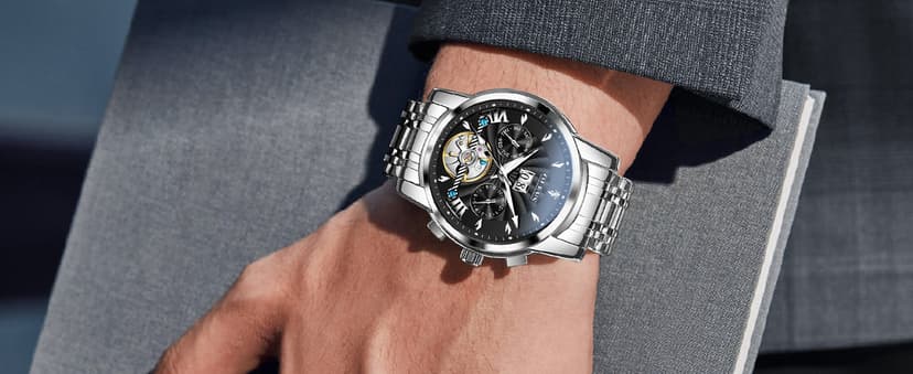 OLEVS Men Automatic Watch Stainless Steel Skeleton Mechanical Date Calendar Luxury Classic Business Waterproof Luminous Wrist Watches