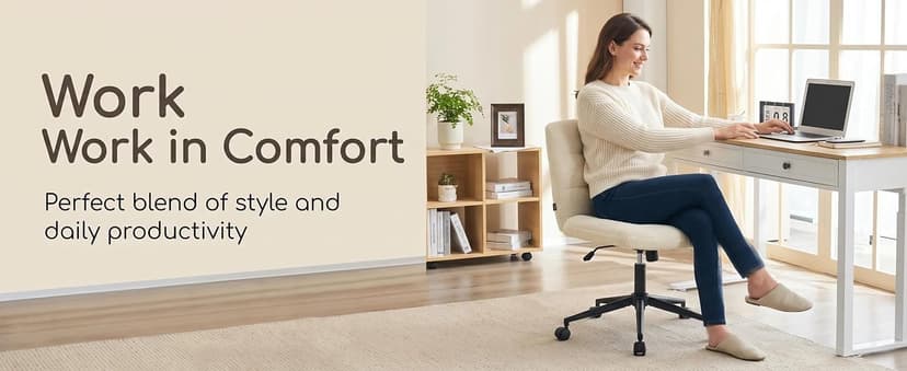 Furnimart Swivel Criss Cross Legged Chair with Wheels for Home Office, Wide Armless Desk Chair Height Adjustable Comfy Seat for Desk,Vanity, Bedroom, Faux Fur White