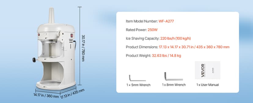 VEVOR Commercial Ice Shaver Crusher, 220lbs/hr Electric Fluffy Ice & Snow Cone Machine, 250W 1500RPM Tabletop Fluffy Shaved-Ice Machine for Parties Events Snack Bar, Home and Commercial Use (White)