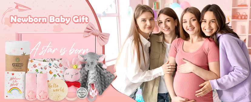 Newborn Baby Girl Gift, 9 Pcs Baby Gifts for Girls Newborn Essentials, New Baby Girl Gift Basket Baby Shower Gender Reveal Gifts, New Mom Gift Swaddle Blanket Bunny Rattle Gift Set
