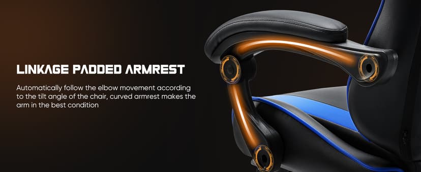 DUMOS Ergonomic Gaming Office Desk Chair with Linkage Armrests for Adults, Height Adjustable Computer Chair with Footrest and Headrest, PU Leather 360° Swivel Recliner with Lumbar Support, Deep Blue