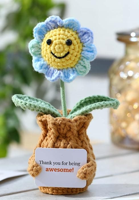 Cute Gifts for Women, Boss Day, Teacher Appreciation, Coworker & Nurse Thank You Gift, Desk Decor, 4.7 In H × 2.4 In W Forget-Me-Not Crochet Flower Potted Plant Gift B0F26ST99P