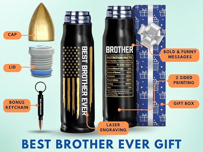 Gifts for Brother, Birthday Gifts from Sister, Present Ideas for Adult Older Bros - Best Brother Ever Bullet Tumbler 17Oz with Lid and Keychain, Insulated Travel Thermos Coffee Cup for Men