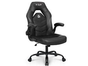 N-GEN GAMING Video Gaming Chair with Footrest Lumbar Support for Home Office High Back Recliner Height Adjustable Ergonomic Comfy Leather Computer Desk Chair (Black)