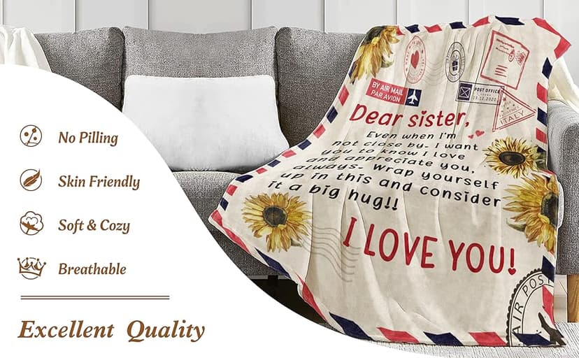 Niyewsor Sister Birthday Gifts, Sister Gifts Blanket, Sisters Gift from Sis, Present for Sisters on Mothers Day, Christmas, Dear Sis Airmail Throw Blanket, 60" * 50"
