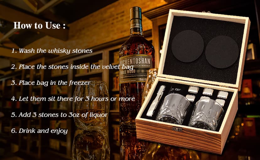 Whiskey Set Gifts for Men, DIOXADOP 6 Stainless Steel Whisky Stones 2 Crystal Whisky Glasses 1 Blessing Card in a Exquisite Wooden Box, Prepare a Gift for Whiskey Scotch Bourbon Lover